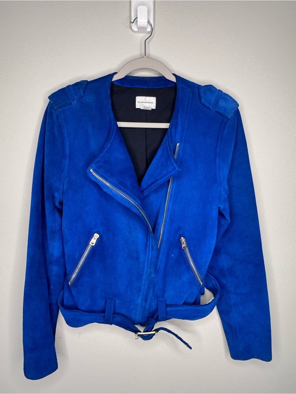 Club Monaco Genuine Suede Cobalt Blue Belted Moto Jacket Gold Hardware Sz M